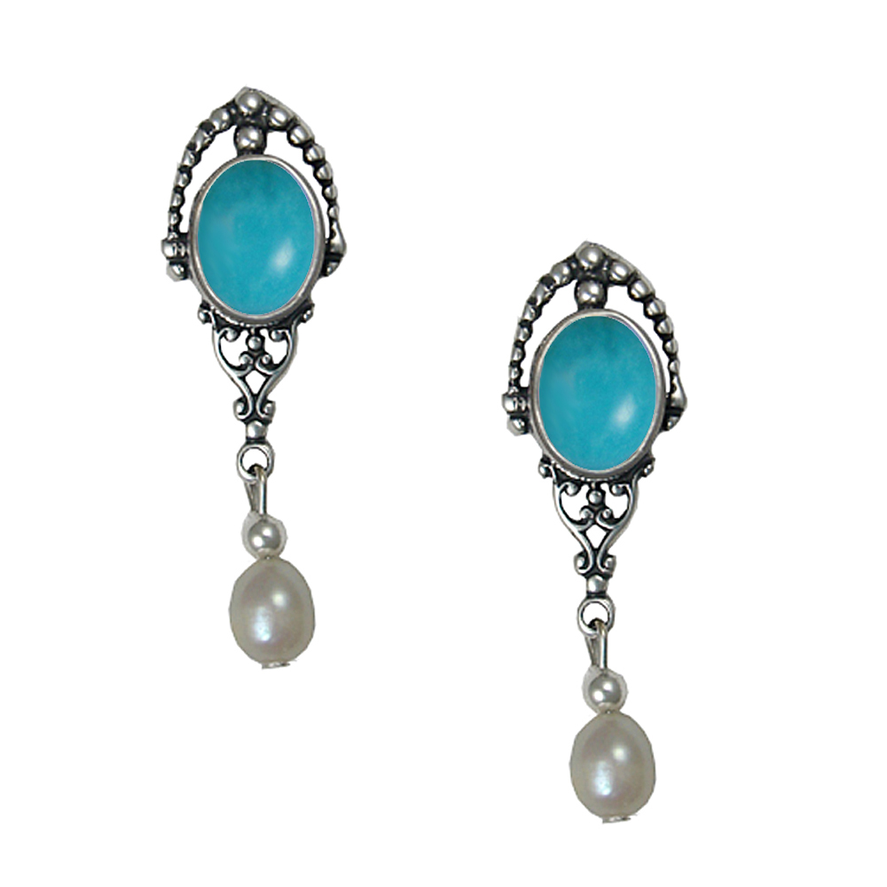 Sterling Silver Cultured Freshwater Pearl Drop Dangle Earrings With Turquoise